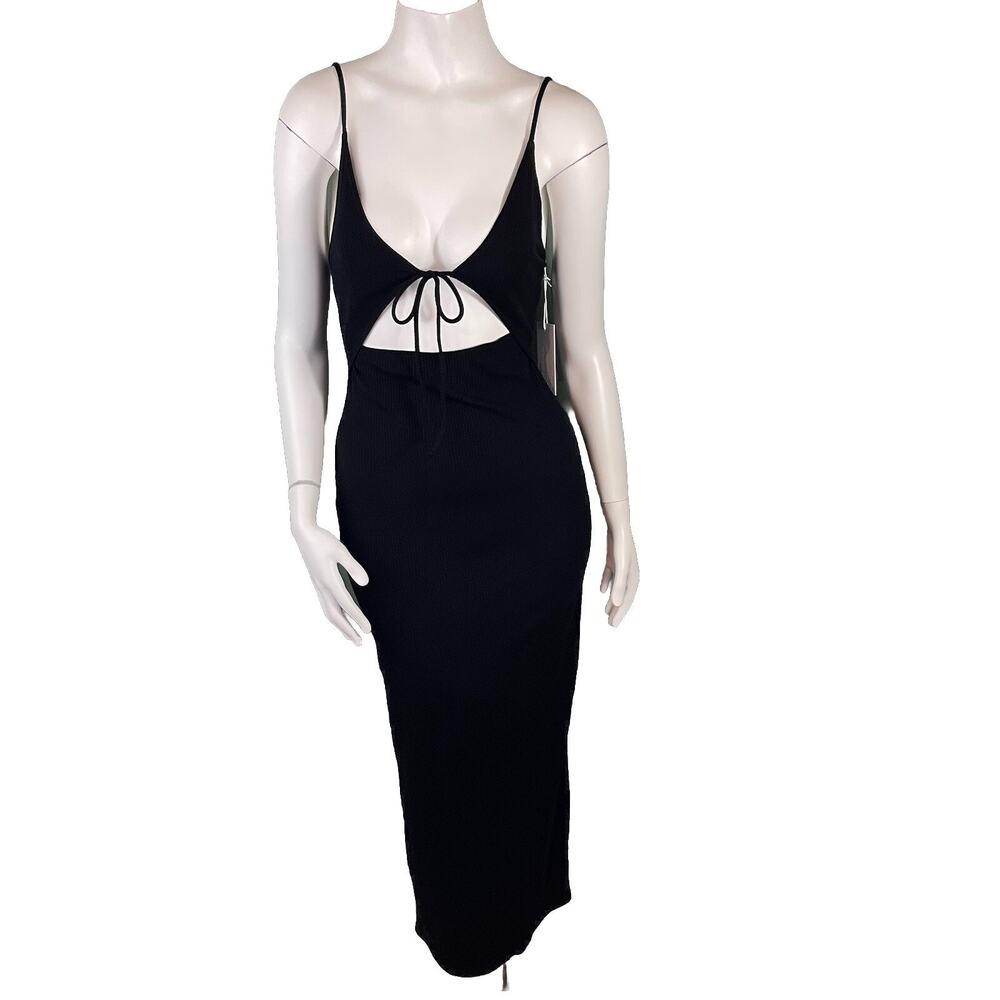 NWT Reformation Tash Rib Knit Midi Dress Cut-Out Tie Front Black Size Large